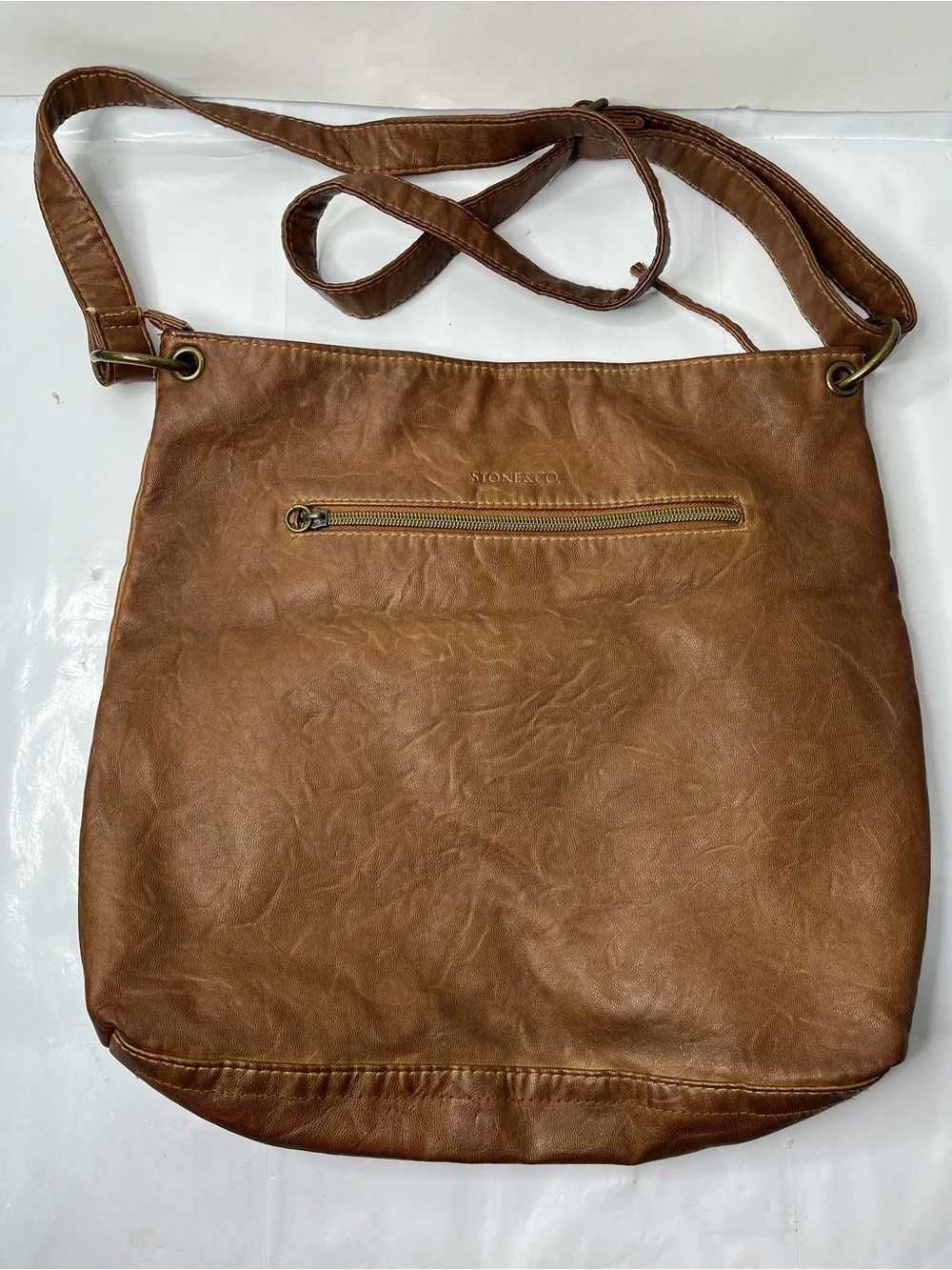 Stone & Co. Tan Leather Messenger Bag with Brass Accents